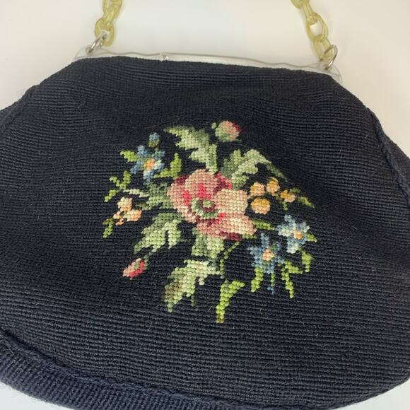 Vtg Needlepoint Purse Handbag Floral Tapestry Acrylic Lucite Close Chain 1950s - Picture 2 of 13